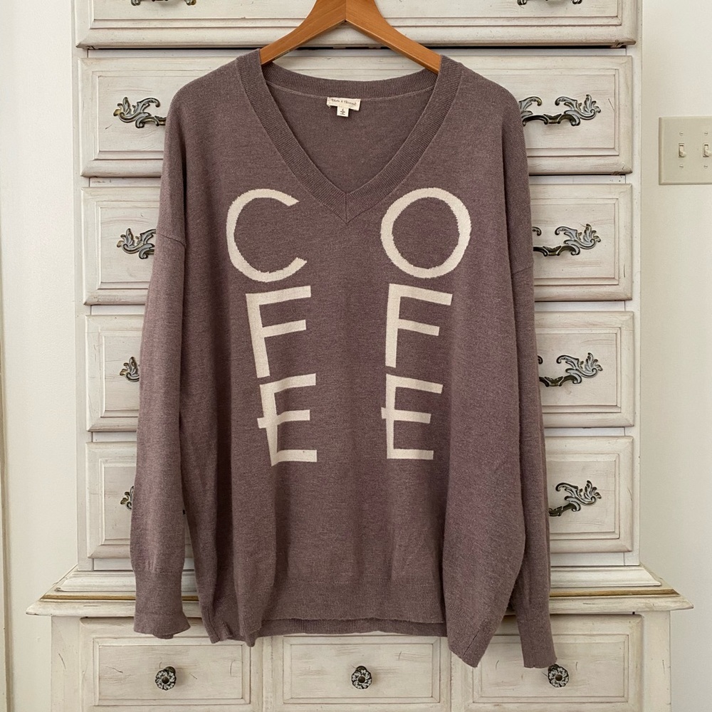 Vici Women’s Coffee Graphic V-Neck Sweater in Taupe and Cream